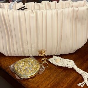 Victoria’s Secret Ivory Pleated Pouch with Gold Makeup Mirror and Key Chain